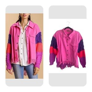 Umgee boho high-low pink color block button up shacket fringe hem women’s LG